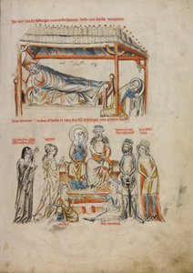 ハインリッヒスリーピングと聖ヘドウィグの祈り。ハインリッヒと聖ヘドウィグと子供たち、1353年（テンペラの色、洗った色、羊皮紙のインク）